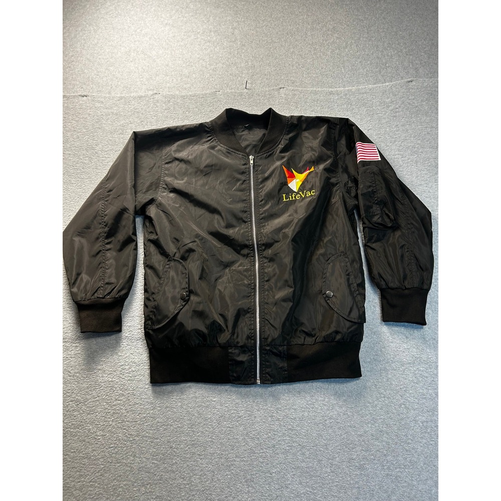 Bomber Jacket Full Zip Black Mens M USA Flag Patch Lifebac Save A Life Graphic